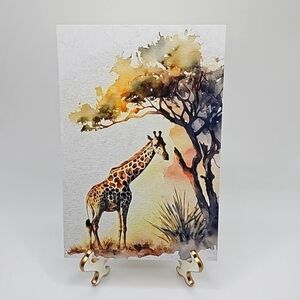 4x6 Giraffe Watercolor Oil‎ Painting Nature Acacia Tree Art Print